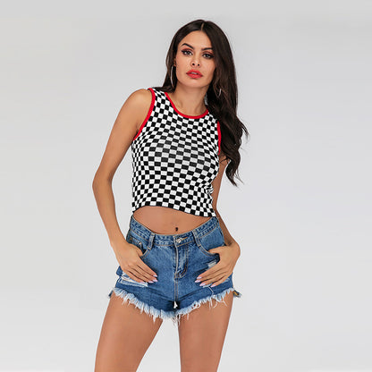 LOVEVOP 2025 New  short open-navel slim-fitting sleeveless vest checkerboard knitted bottoming tank top women