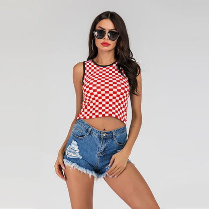 LOVEVOP 2025 New  short open-navel slim-fitting sleeveless vest checkerboard knitted bottoming tank top women