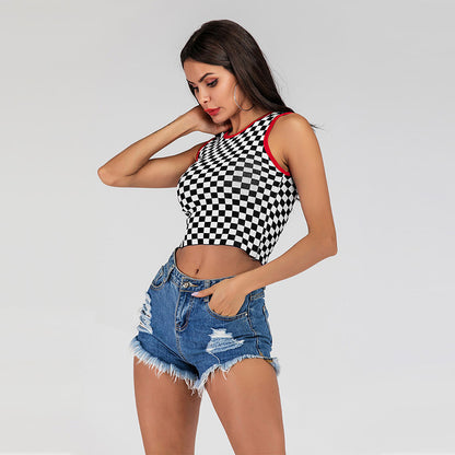 LOVEVOP 2025 New  short open-navel slim-fitting sleeveless vest checkerboard knitted bottoming tank top women