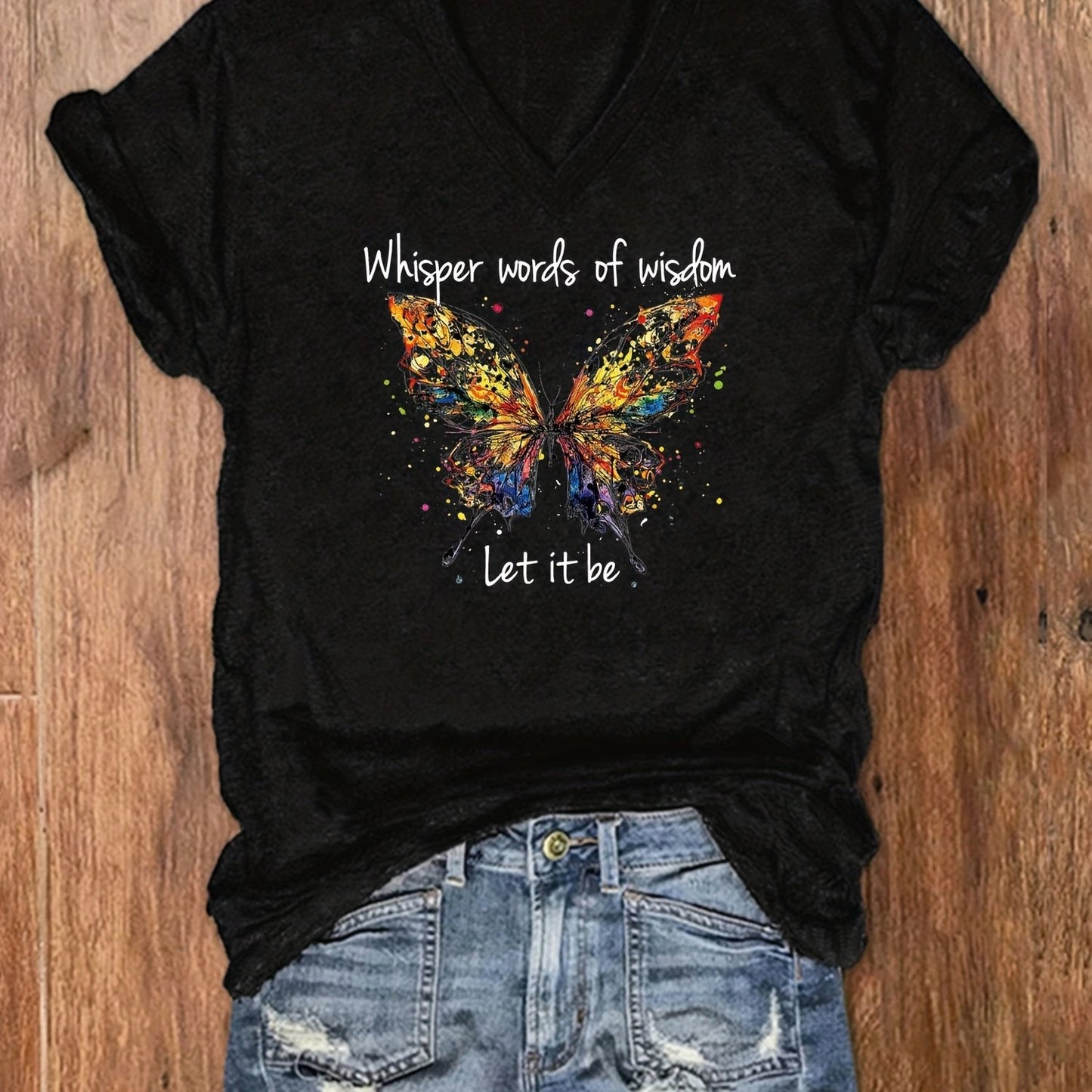 「lovevop」Letter & Butterfly Print T-Shirt, V Neck Short Sleeve T-Shirt, Casual Every Day Tops, Women's Clothing