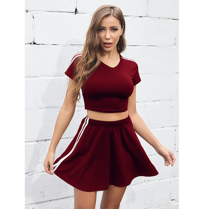 LOVEVOP 2025 outdoor short-sleeved top short skirt casual sports suit women's summer fashion short striped sweater two-piece set