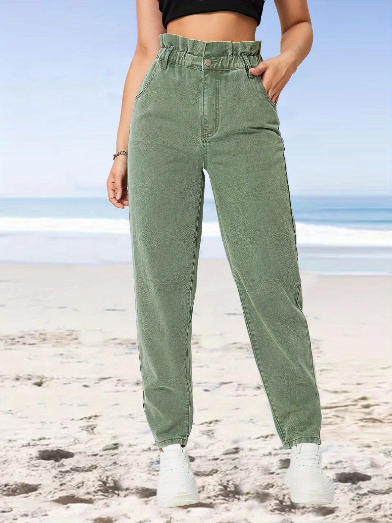 「lovevop」Green Paperbag Waist Straight Jeans, High Waist Slim Fit High Rise Denim Pants, Women's Denim Jeans & Clothing