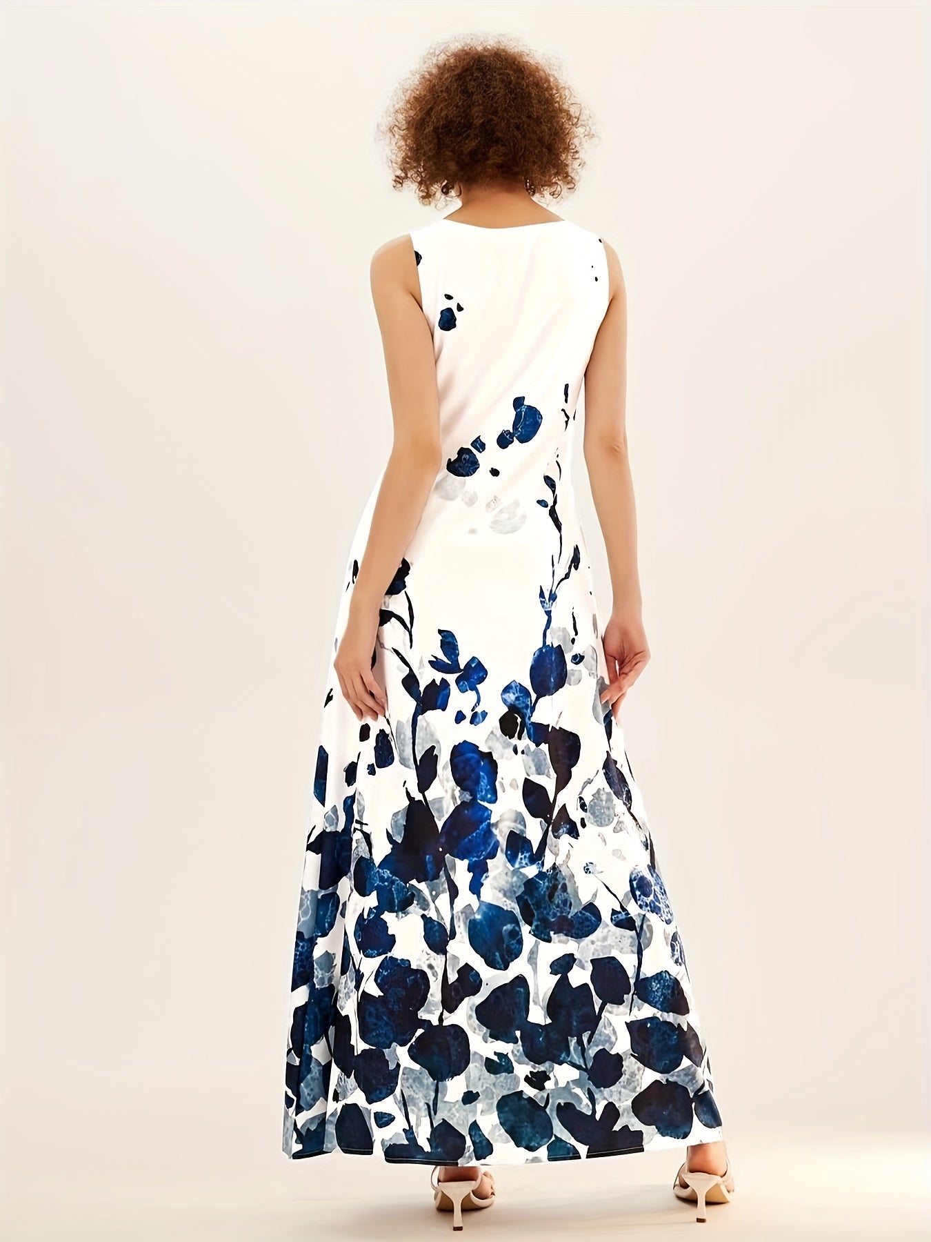 「lovevop」Floral Print Keyhole Dress, Boho Sleeveless Crew Neck Maxi Dress With Pocket, Women's Clothing