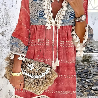 「lovevop」Retro Print Boho Dress, V Neck Tassels Casual Dress For Spring & Summer, Women's Clothing