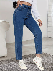 「lovevop」Blue High Waist Straight Jeans, High Rise Slash Pockets Non-Stretch Denim Pants, Women's Denim Jeans & Clothing