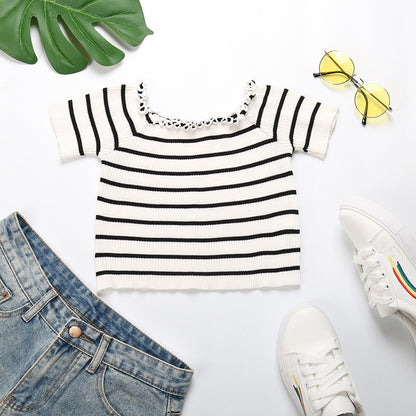 LOVEVOP New Popular trade summer new 2025 one-word shoulder striped navel top short-sleeved fungus edge short t-shirt