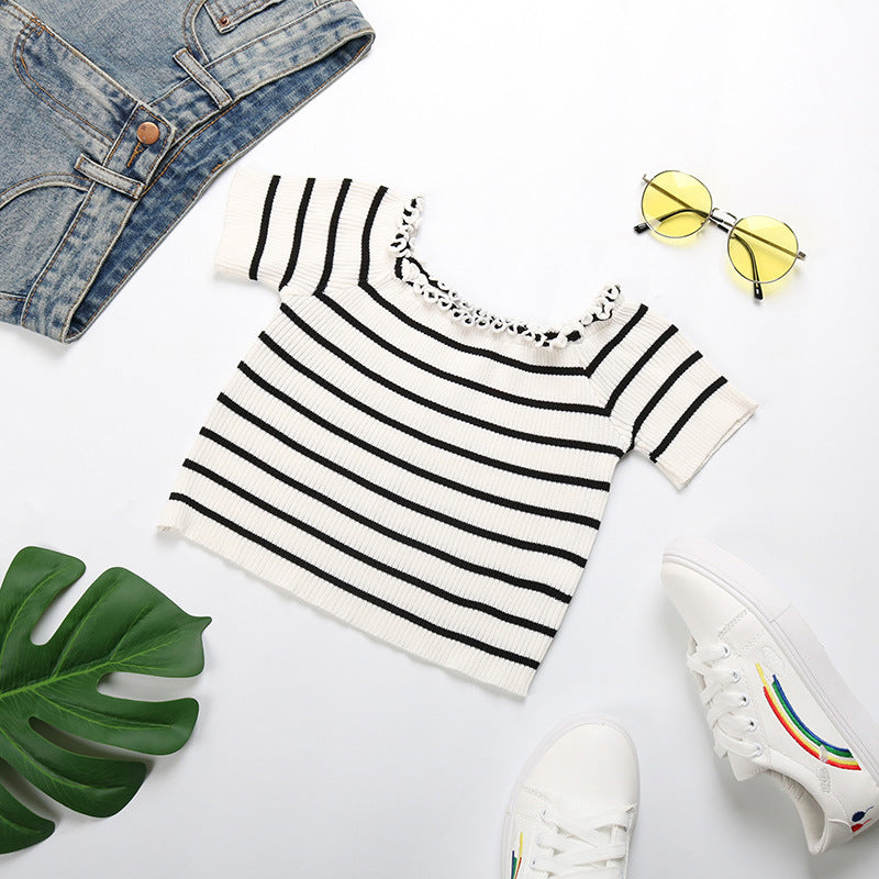 LOVEVOP New Popular trade summer new 2025 one-word shoulder striped navel top short-sleeved fungus edge short t-shirt