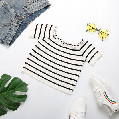 LOVEVOP New Popular trade summer new 2025 one-word shoulder striped navel top short-sleeved fungus edge short t-shirt