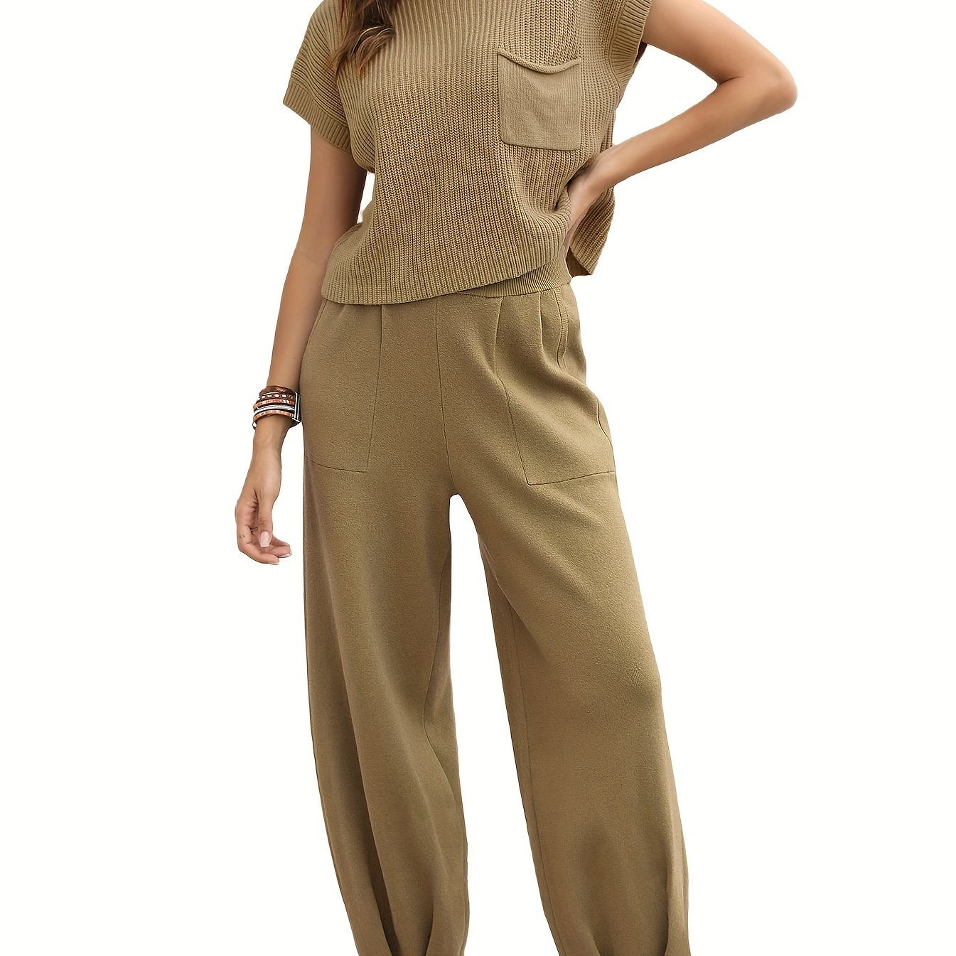 Two-Piece Jogger Pants Set - Soft, Elegant, Short Sleeve Pocket Knit Top & Loose Fit Pants Outfit - Comfortable, Versatile, and Chic Women's Clothing for Everyday Wear