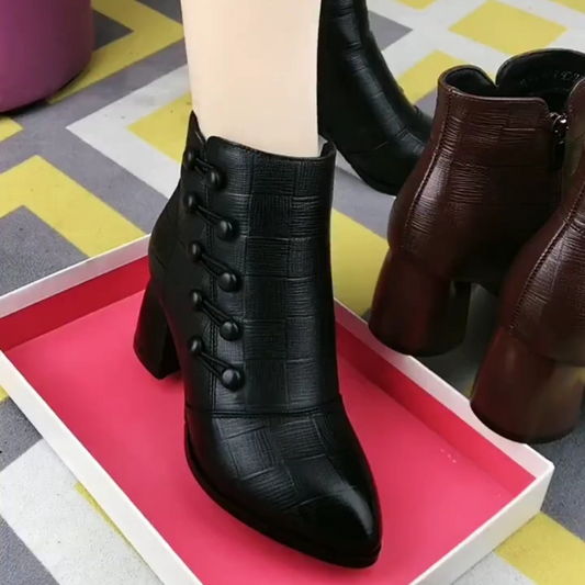 「lovevop」Chunky Heeled PU Leather Ankle Boots With Button Decor, Women's Footwear