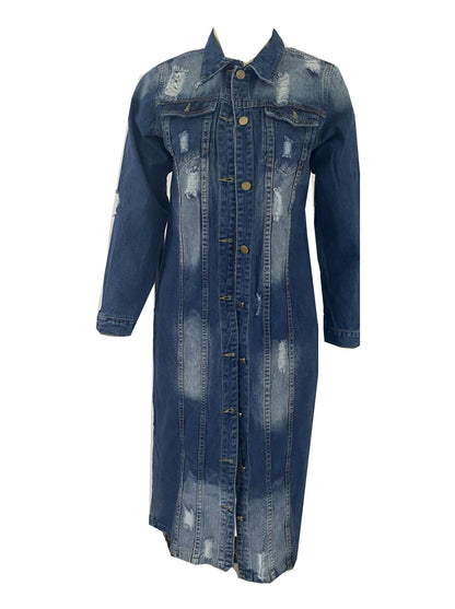 Lovevop-Distressed Front Long Sleeve Flap Pocket Knee Length Washed Blue Denim Dress Denim Jacket Long Coat, Women's Denim Jackets & Coats