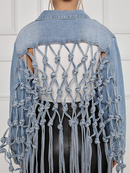 Lovevop-Back Woven Mesh Tassel Hem Denim Jacket, Hollow Out Knotted Cropped Denim Coats, Women's Denim Jackets & Clothing