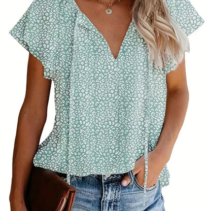 「lovevop」V Neck Flutter Sleeve Blouse, Loose Casual Top For Summer & Spring, Women's Clothing