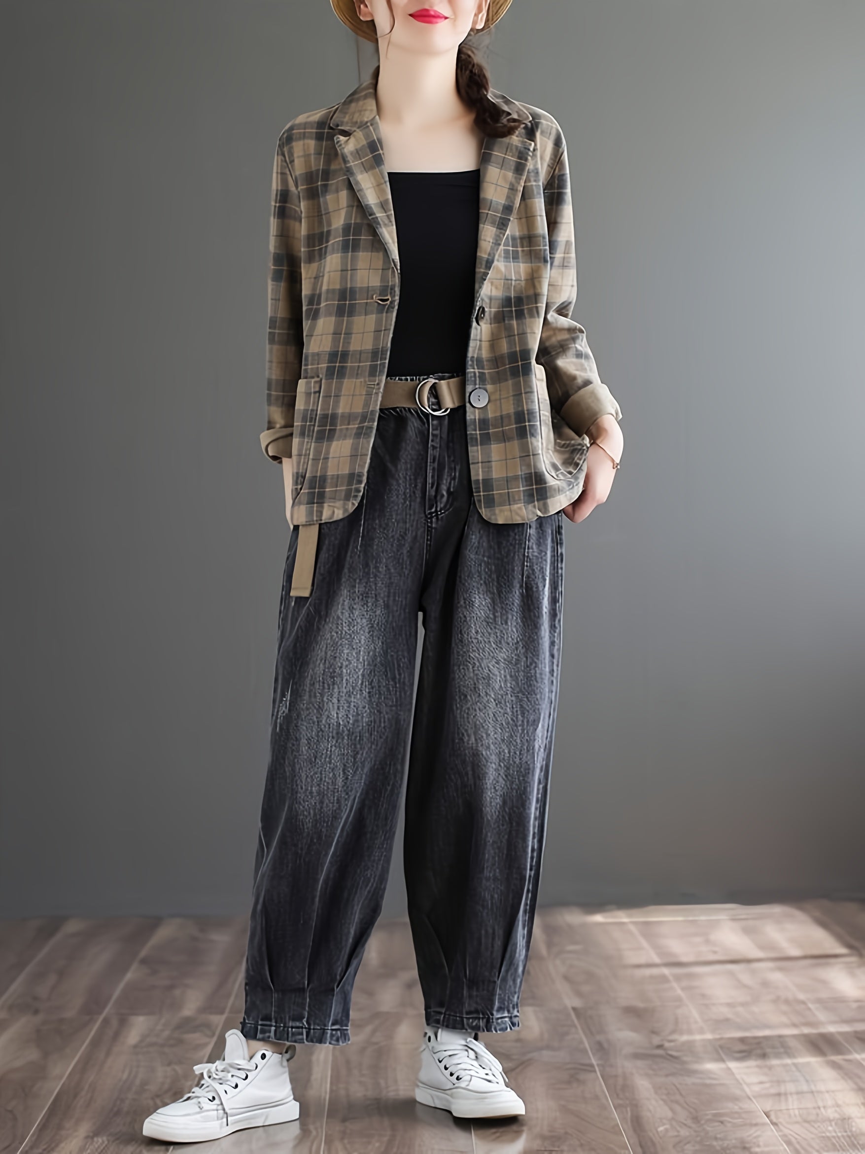 「lovevop」Literary Cotton Linen Plaid Blazer, Women's Casual Coat