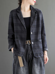 「lovevop」Literary Cotton Linen Plaid Blazer, Women's Casual Coat