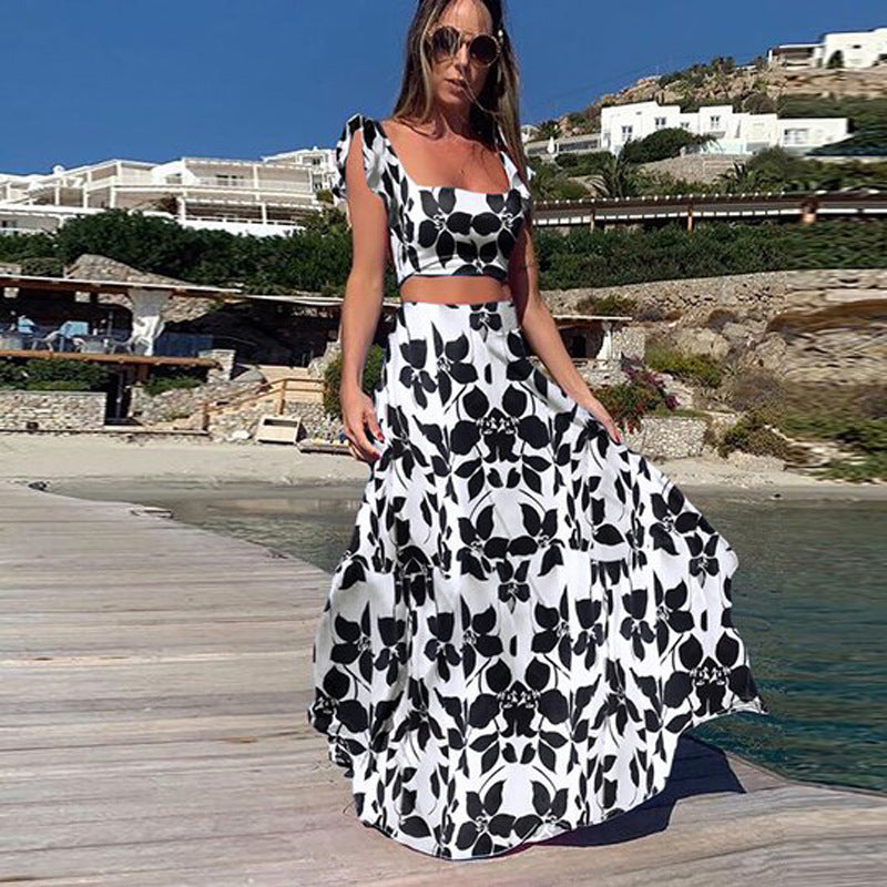 2025 Cross-border Summer New Popular and 2025 New Women's Clothing Bohemian Sexy Printed Sleeveless Dress Two-piece Set