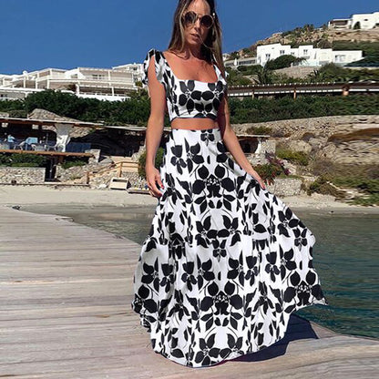 2025 Cross-border Summer New Popular and 2025 New Women's Clothing Bohemian Sexy Printed Sleeveless Dress Two-piece Set