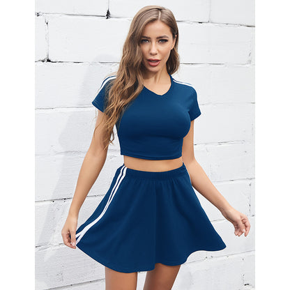 LOVEVOP 2025 outdoor short-sleeved top short skirt casual sports suit women's summer fashion short striped sweater two-piece set