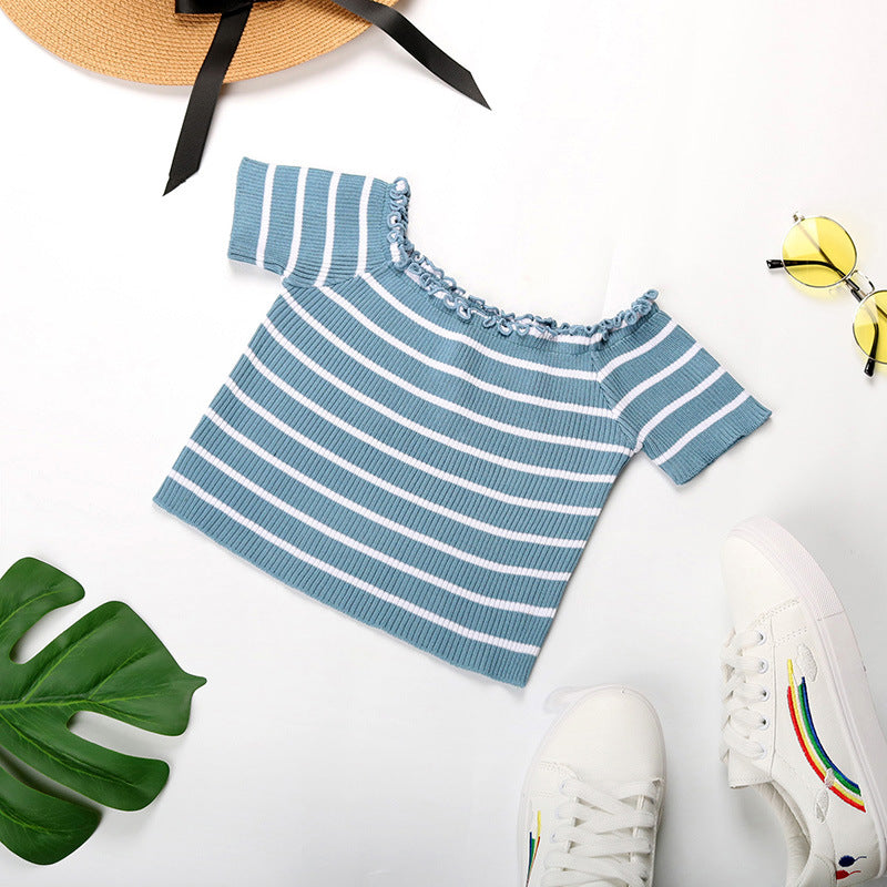 LOVEVOP New Popular trade summer new 2025 one-word shoulder striped navel top short-sleeved fungus edge short t-shirt