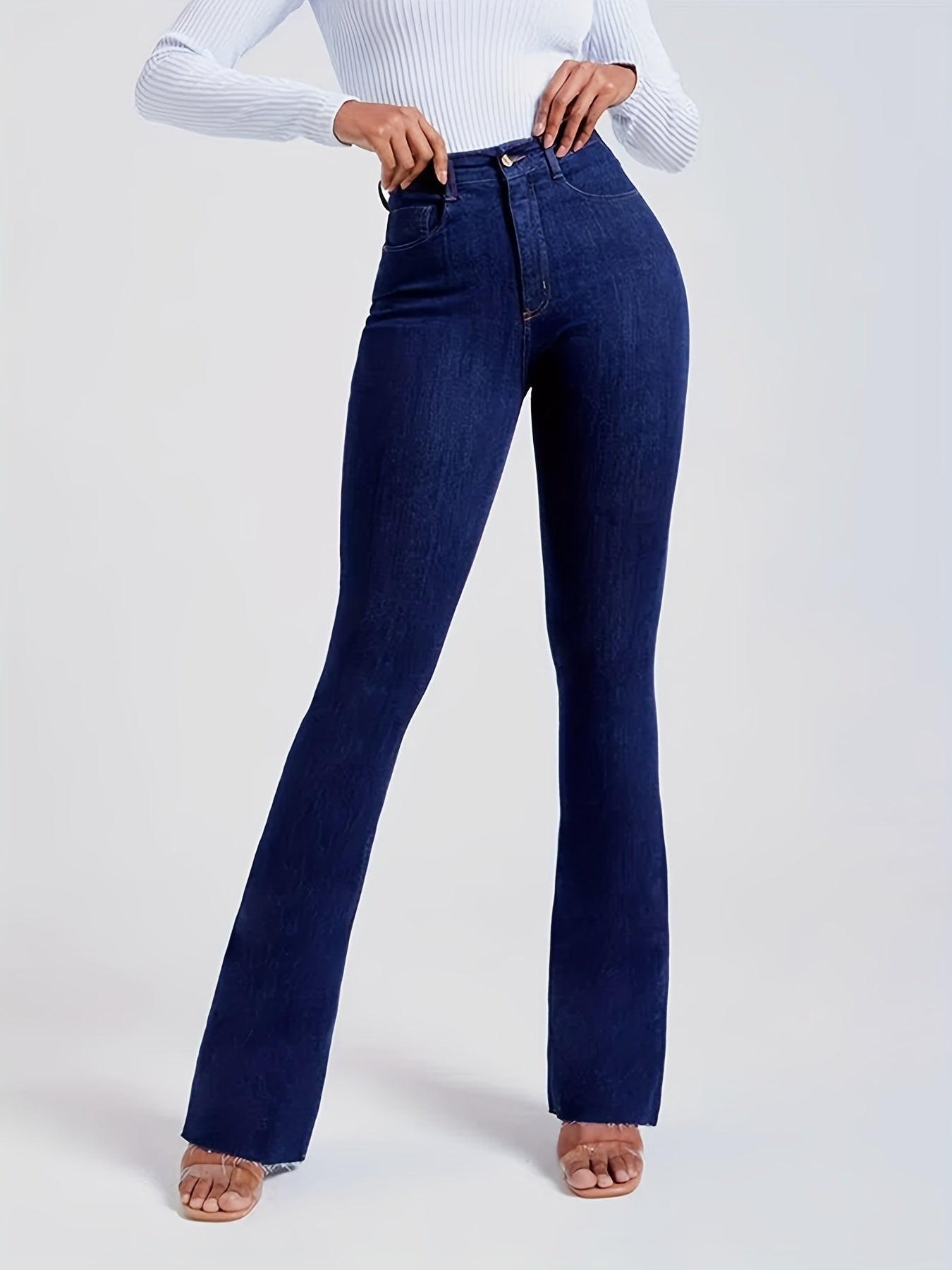 「lovevop」Solid Color Butt Lifting Flare Jeans For Women, Vintage Stretchy Zip Up Bootcut Pants, Women's Denim Jeans & Clothing
