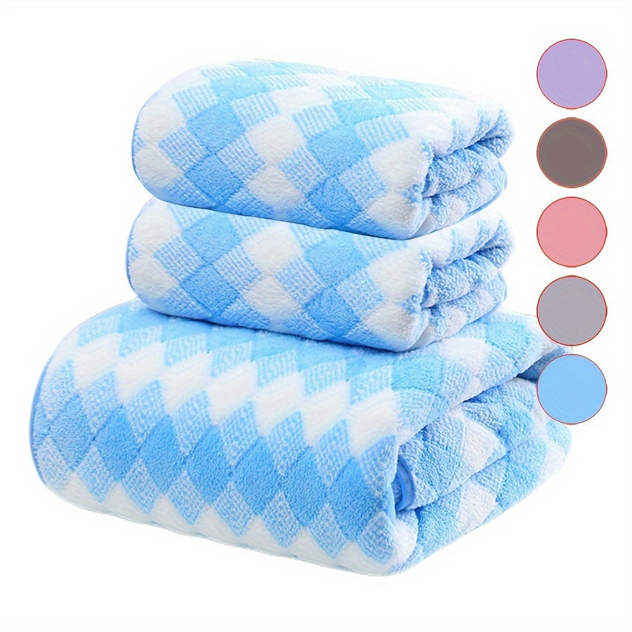 2pcs Towels + 1pc Bath Towel/ 3pcs Plaid Pattern Towel Set, Coral Velvet 2 Hand Towel + 1 Bath Towel, Soft Absorbent Towels For Bathroom, 1 Bath Towel & 2 Hand Towel, Towel Set For Home Bathroom, Bathroom Supplies
