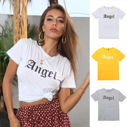 LOVEVOP New Popular trade 2025 women's clothing crew neck letter print white t-shirt short sleeve 2025n casual summer top