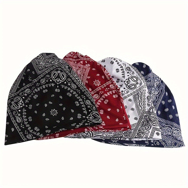 4pcs/set Classic Vintage Paisley Print Unisex Slouchy Beanie - Skullies & Beanies with Elastic Warm Lightweight Design, Perfect for Women & Men - Hip Hop Baggy Hat for Casual Wear