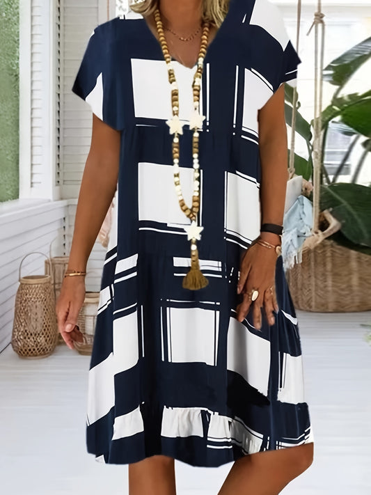 「lovevop」Casual Geometric Print Dress, Short Sleeve V-neck Loose Fashion Summer Dresses, Women's Clothing