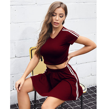 LOVEVOP 2025 outdoor short-sleeved top short skirt casual sports suit women's summer fashion short striped sweater two-piece set