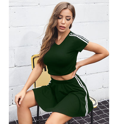 LOVEVOP 2025 outdoor short-sleeved top short skirt casual sports suit women's summer fashion short striped sweater two-piece set