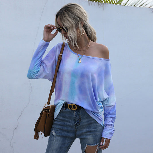 LOVEVOP Cross-border Hot Trade Popular, 2025, Crew Neck Fashion Loose Top Long Sleeve Tie-Dye Bottom Pullover T-Shirt