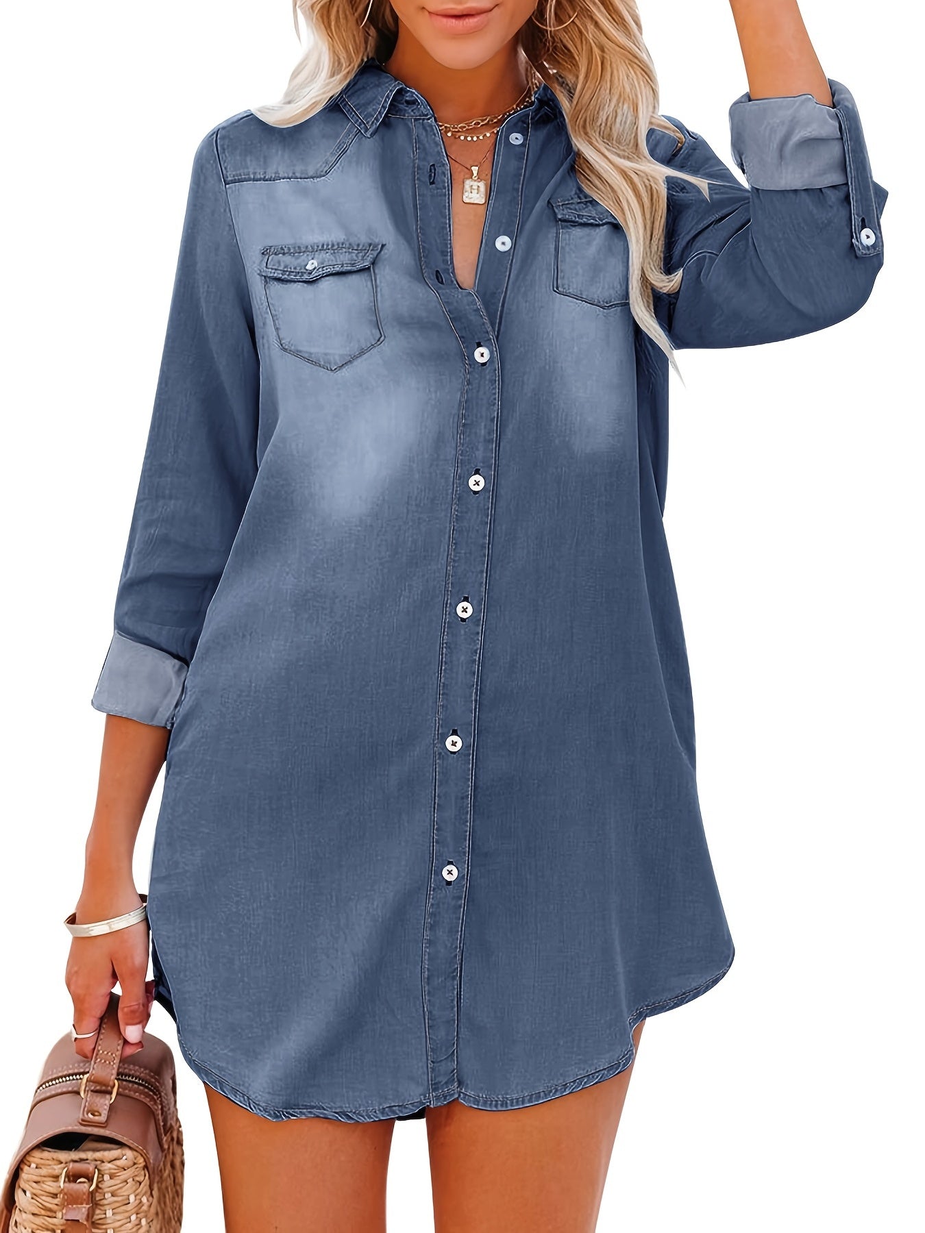 Lovevop-Long Sleeve Denim Shirt Dresses, Casual Light Blue Lapel Button-Down Flap Pockets Denim Dresses, Women's Denim Clothing