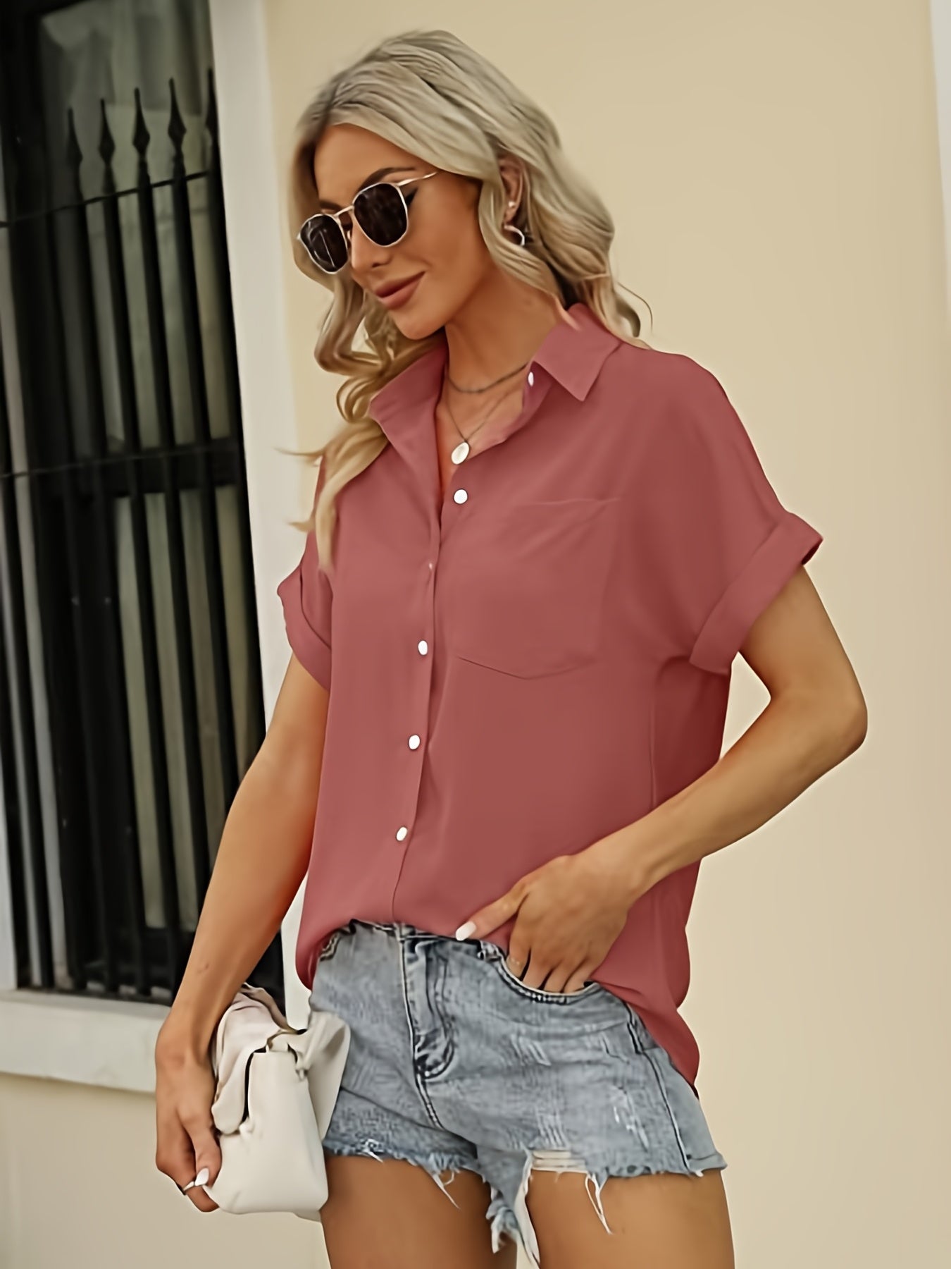 「lovevop」V-neck Loose Lapel Blouses, Casual Button Down Pockets Short Sleeve Fashion Shirts Tops, Women's Clothing