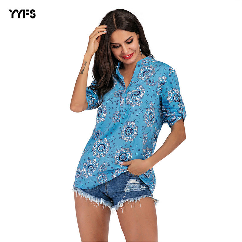 LOVEVOP 2022  2025 autumn new V-neck sexy slim-fitting chiffon long-sleeved printed shirt women