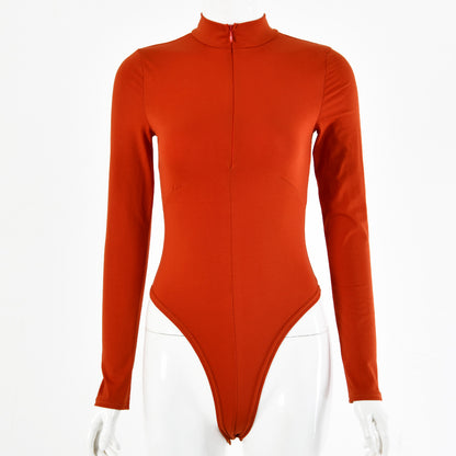 2025 sexy women's clothing autumn and winter  hot-selling solid color cotton round neck sexy tight long-sleeved zipper onesie