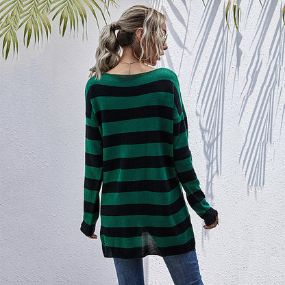 LOVEVOP Popular, 2025,  New medium and long thin v-neck striped sweater women's popular autumn ripped long-sleeved knitted sweater