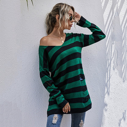 LOVEVOP Popular, 2025,  New medium and long thin v-neck striped sweater women's popular autumn ripped long-sleeved knitted sweater