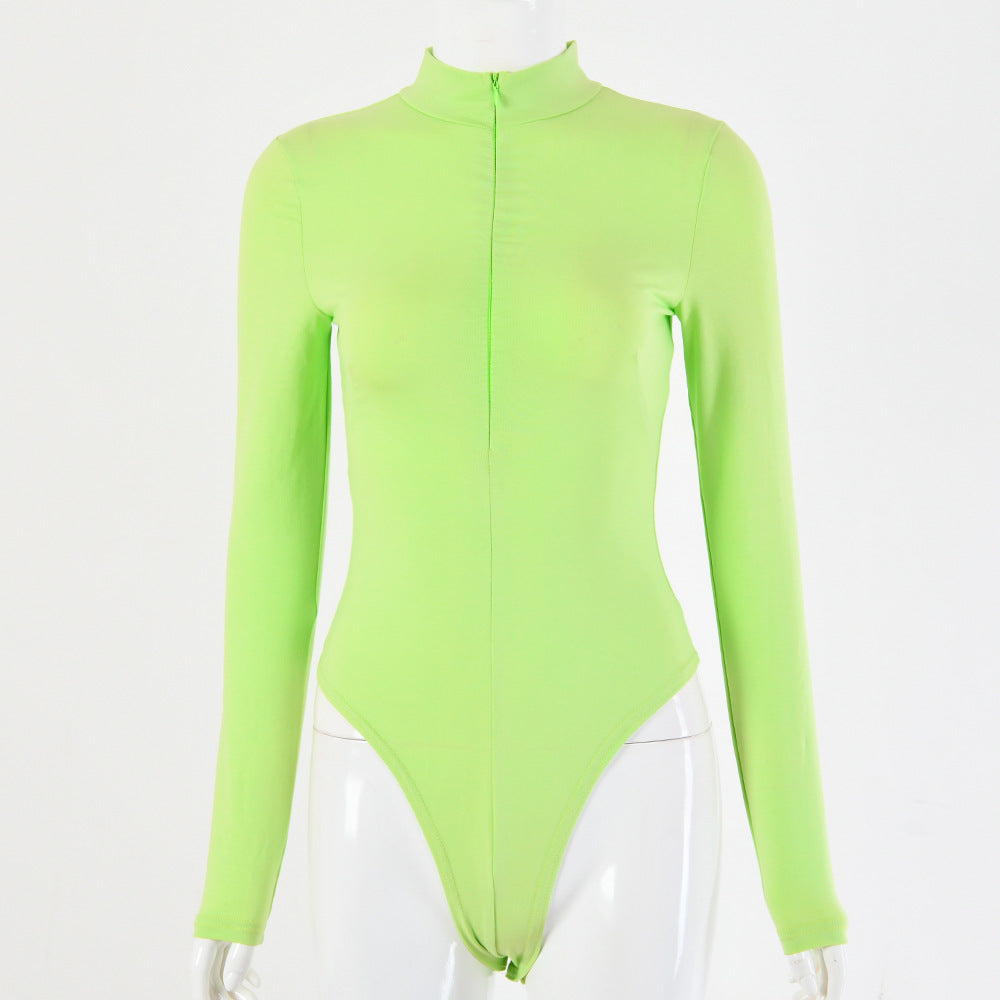 2025 sexy women's clothing autumn and winter  hot-selling solid color cotton round neck sexy tight long-sleeved zipper onesie