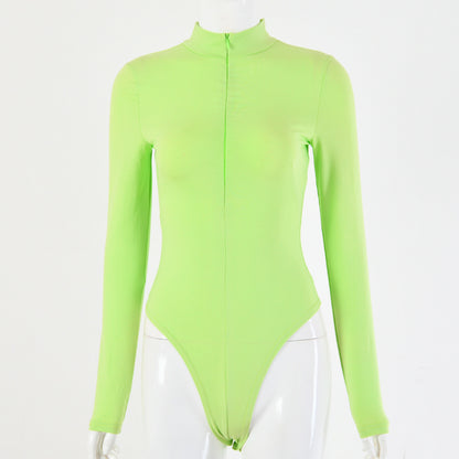 2025 sexy women's clothing autumn and winter  hot-selling solid color cotton round neck sexy tight long-sleeved zipper onesie