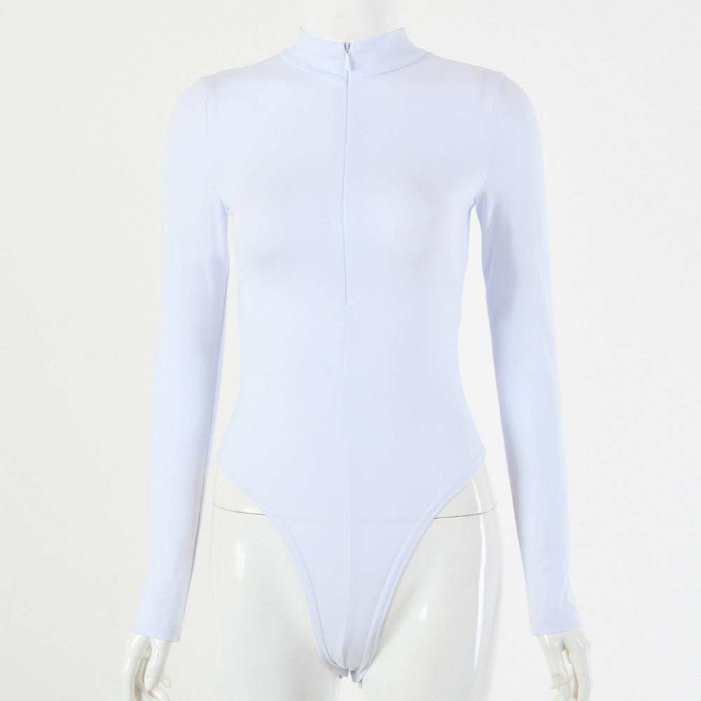 2025 sexy women's clothing autumn and winter  hot-selling solid color cotton round neck sexy tight long-sleeved zipper onesie