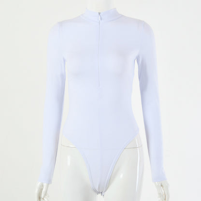 2025 sexy women's clothing autumn and winter  hot-selling solid color cotton round neck sexy tight long-sleeved zipper onesie