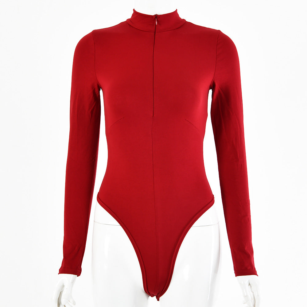 2025 sexy women's clothing autumn and winter  hot-selling solid color cotton round neck sexy tight long-sleeved zipper onesie