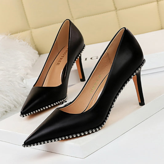 2025 1829-A3  fashion sexy nightclub rock women's shoes thin heel high heel shallow mouth pointed metal bead single shoes