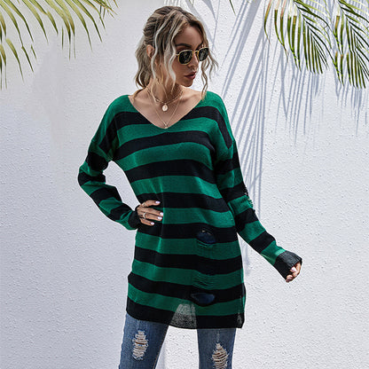 LOVEVOP Popular, 2025,  New medium and long thin v-neck striped sweater women's popular autumn ripped long-sleeved knitted sweater