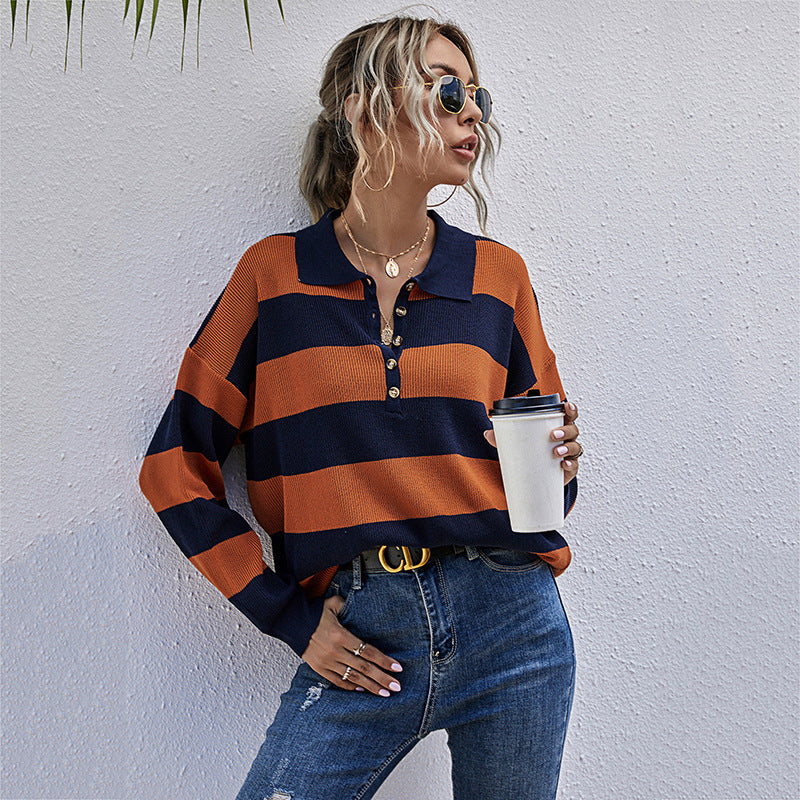 LOVEVOP New Popular trade popular early autumn Japanese striped long-sleeved top women's lapel contrasting long-sleeved knitted sweater