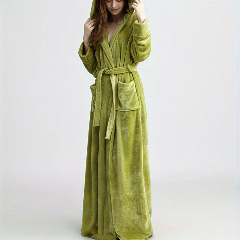 1pc Soft Coral Fleece Unisex Bathrobe - Thickened Long Sleeve Hooded Loungewear for Autumn and Winter - Plush Couple Style Bathroom Supplies for Cozy Relaxation