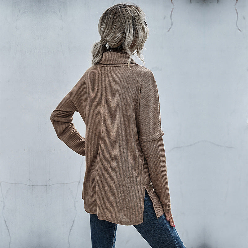 LOVEVOP popular autumn and winter  New 2025 piled neck sweater women's long-sleeved splicing split fork bottoming knitted sweater