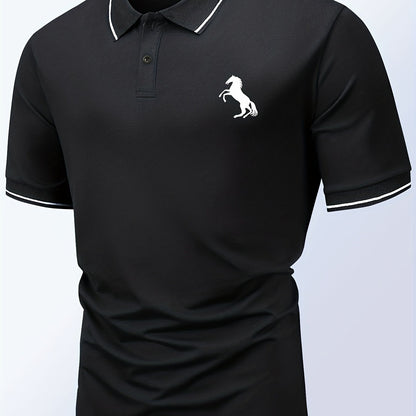 「lovevop」Horse Pattern Casual Slightly Stretch Button Front Short Sleeve Polo Shirt, Men's Clothes For Summer