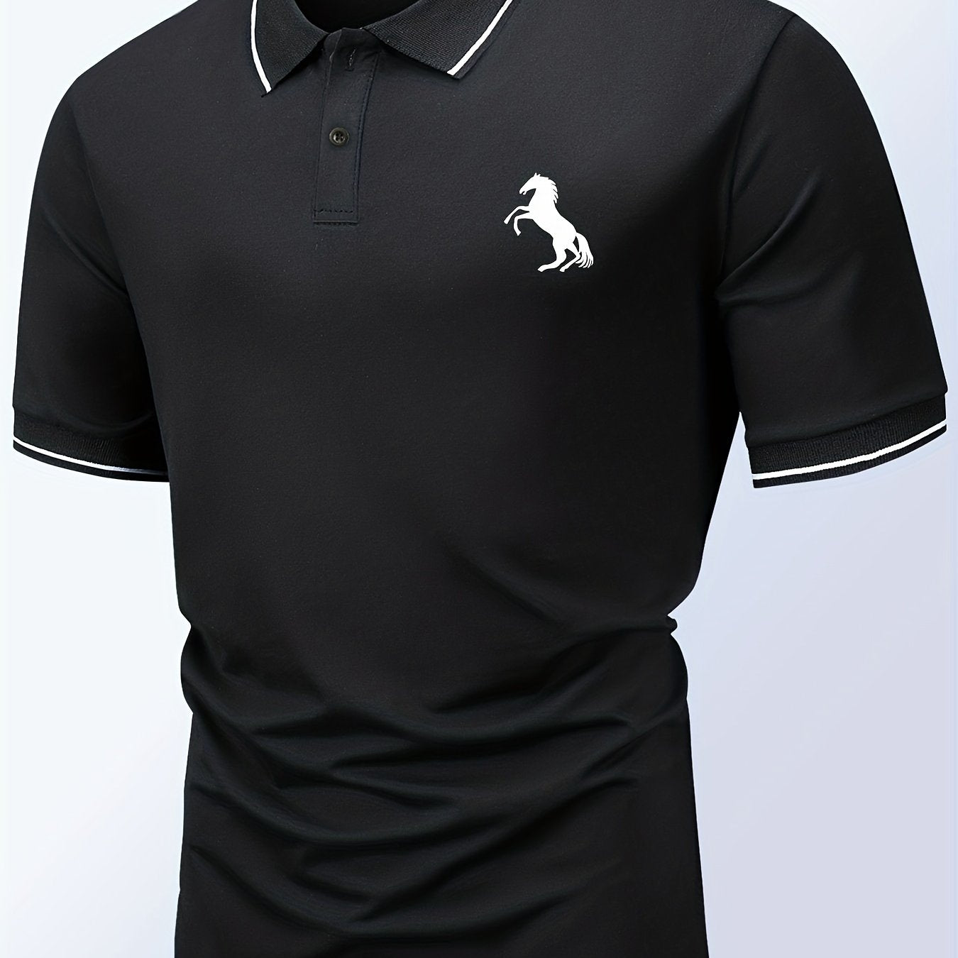 「lovevop」Horse Pattern Casual Slightly Stretch Button Front Short Sleeve Polo Shirt, Men's Clothes For Summer