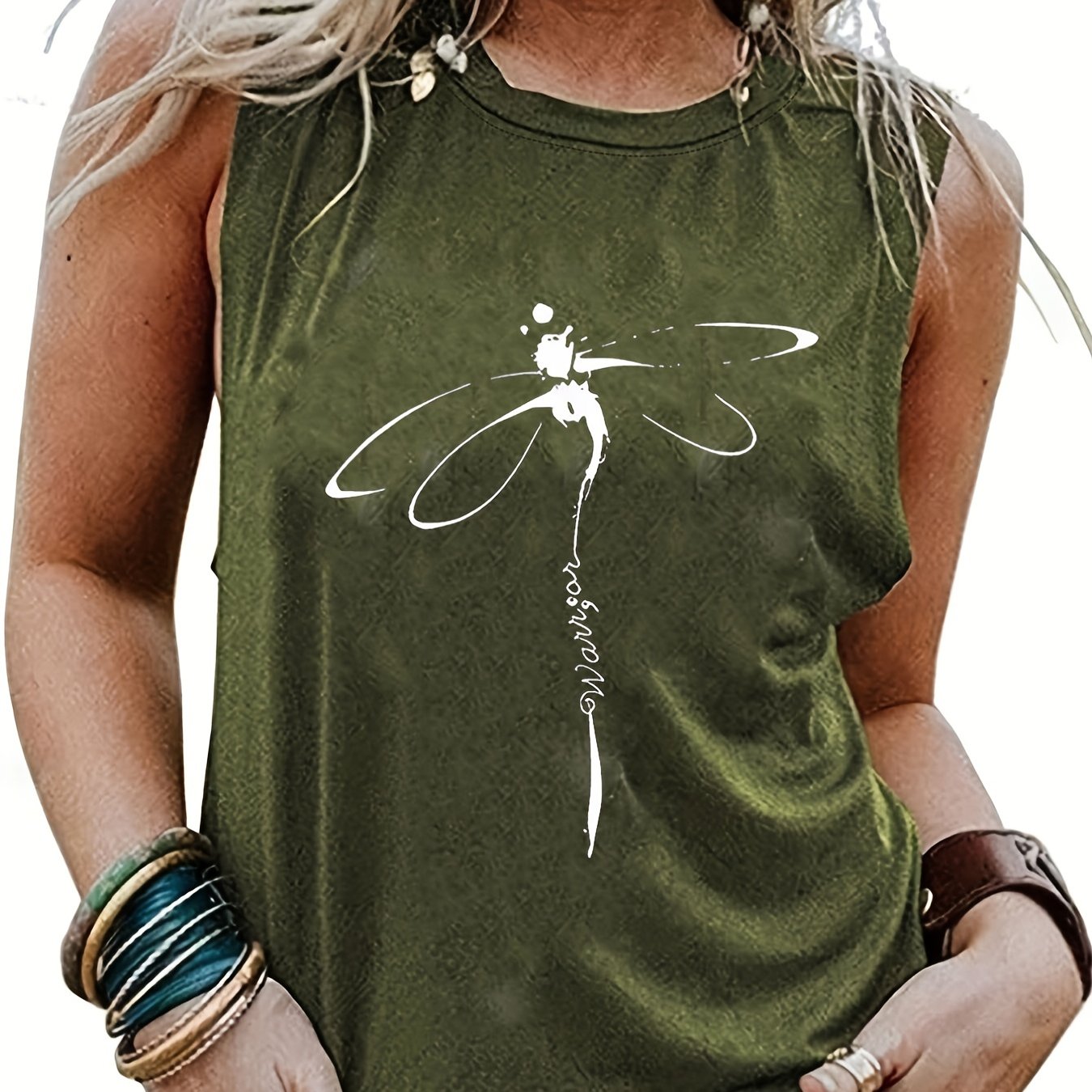 「lovevop」Dragonfly Print Tank Top, Casual Crew Neck Sleeveless Summer Tank Top, Women's Clothing